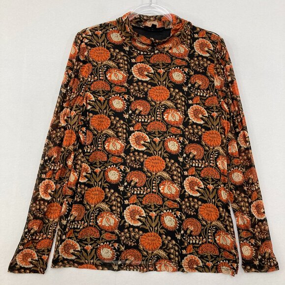 Jane and Delancey size XL Black Orange Floral Boho Mesh Stretch Mock Neck Top - Picture 1 of 11